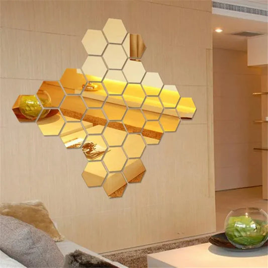 12Pcs Hexagonal Acrylic Mirror Tiles – Gold (4X4 Inch)