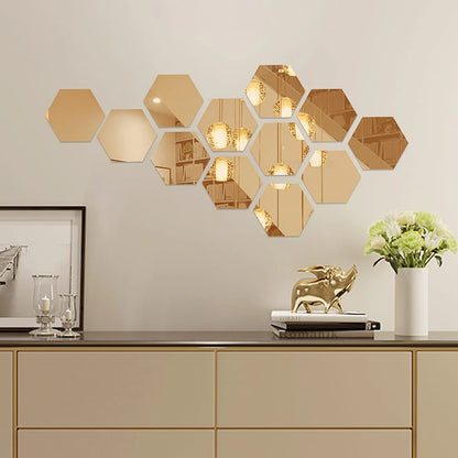 12Pcs Hexagonal Acrylic Mirror Tiles – Gold (4X4 Inch)