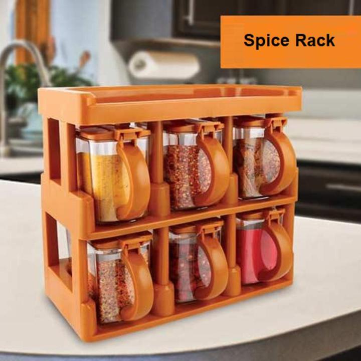 Set of 6 - Spice Jars Rack With Spoons