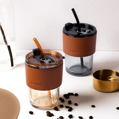 Premium Glass Cup with Leather Cover, Straw, and Lid