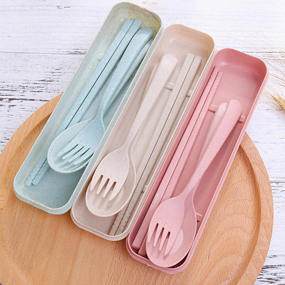 Pack Of 3 Wheat Straw Fork Spoon Chopsticks Set