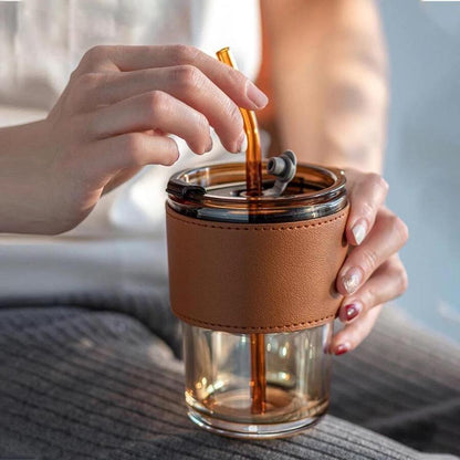 Premium Glass Cup with Leather Cover, Straw, and Lid