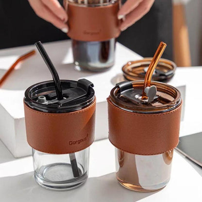 Premium Glass Cup with Leather Cover, Straw, and Lid