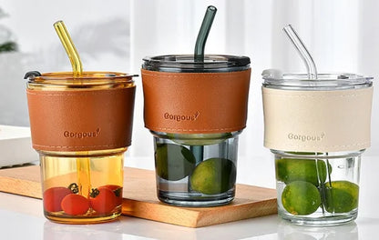 Premium Glass Cup with Leather Cover, Straw, and Lid